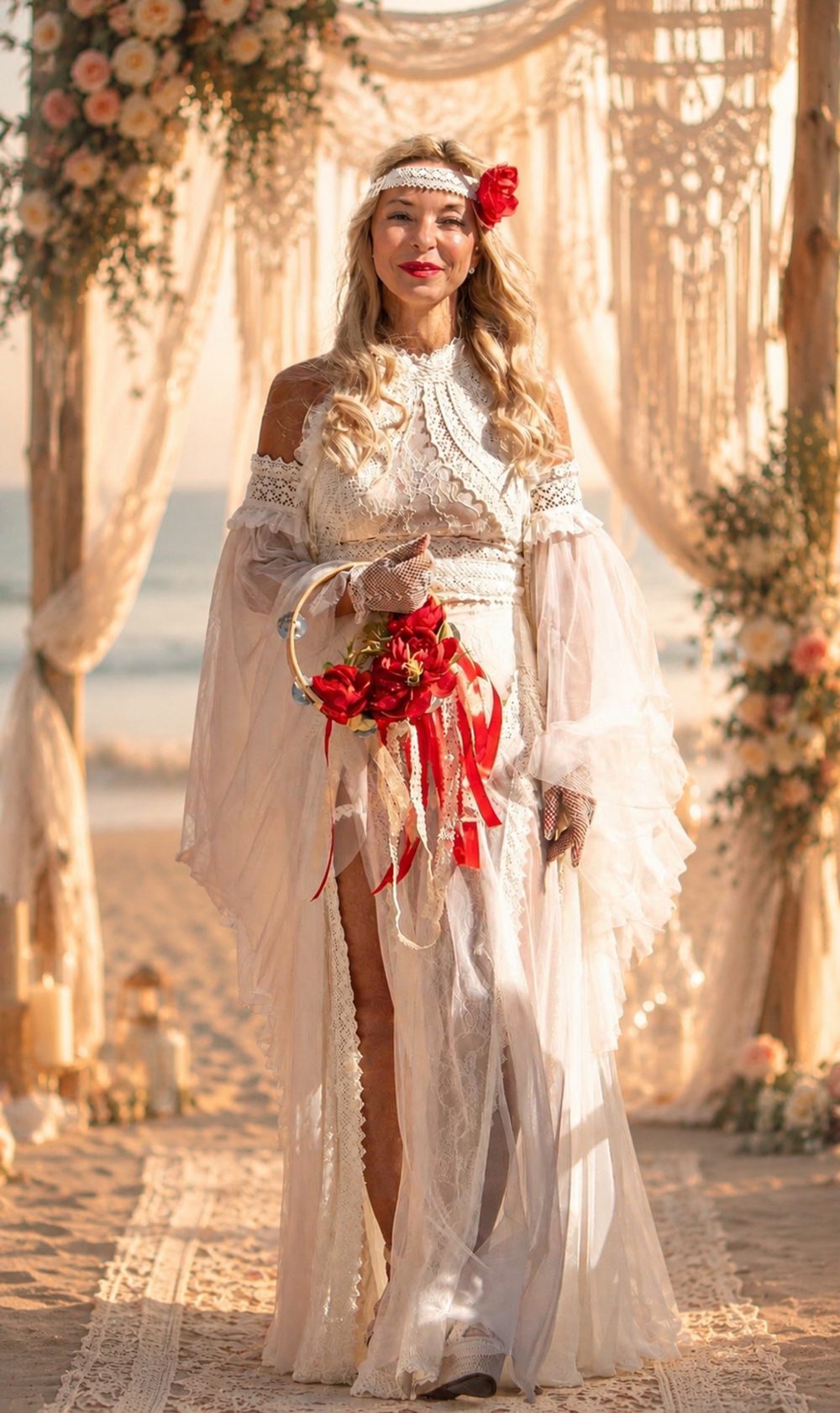 Novia con vestido boho de encaje y ramo rojo bajo un arco de macramé en la playa
