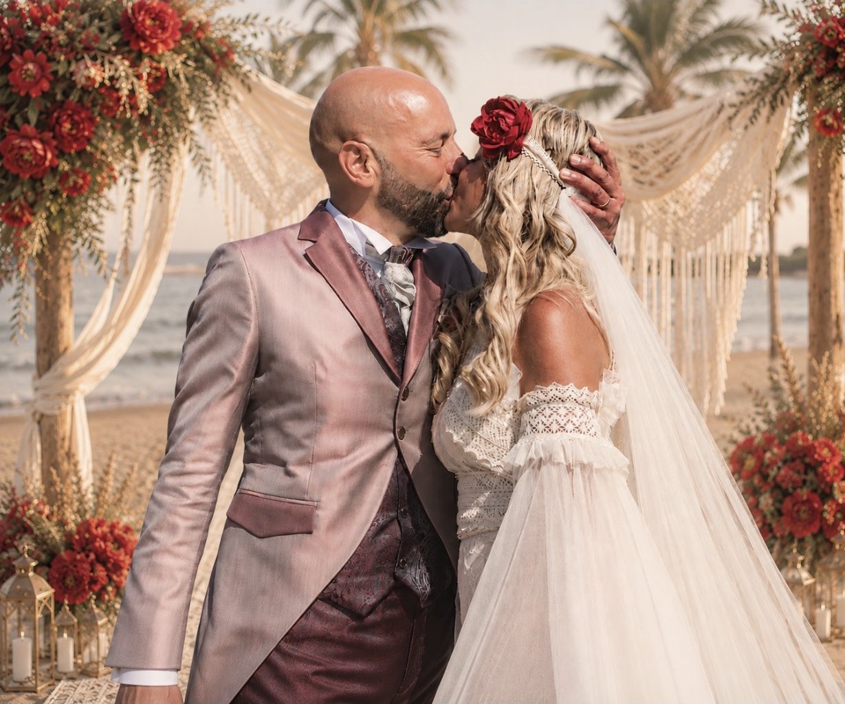 Novios besándose bajo un arco floral en la playa